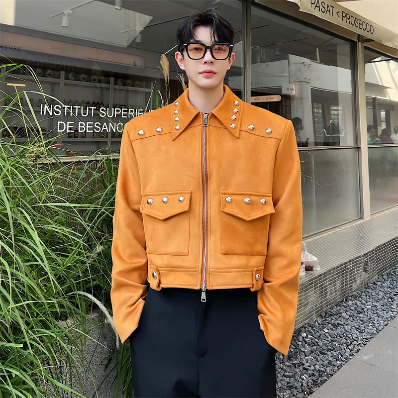 

Suede Velvet Rivet Coat Men Streetwear Fashion Vintage Loose Short Motorcycle Jacket Male Korean Net Celebrity Clothing Coat