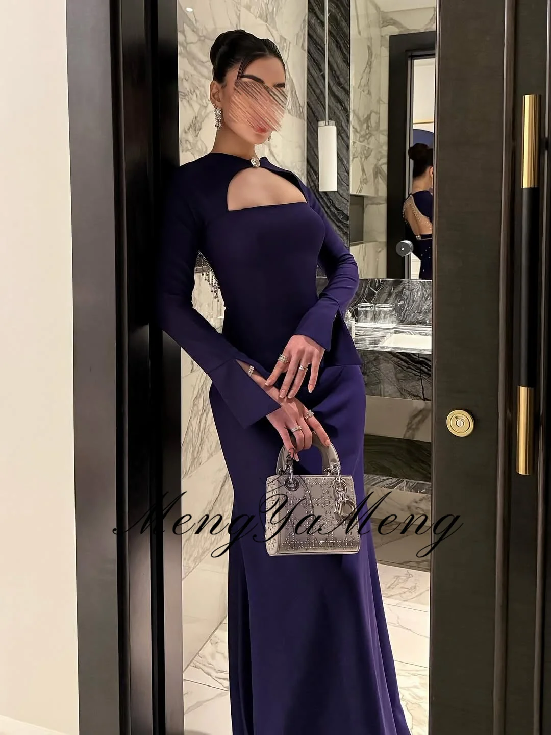 ZHUISHU 보라색 긴 소매 댄스 파티 드레스 오-넥 백리스 파티 가운 맞춤형 코트 트레인 바닥 길이 공식 이벤트 드레스