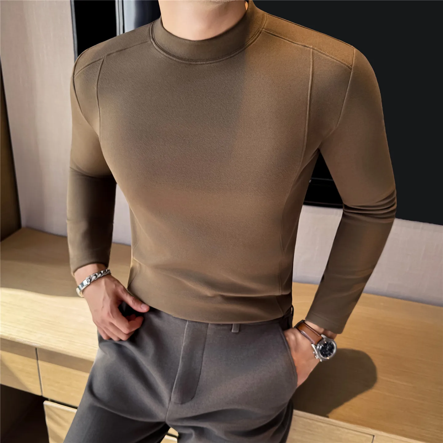 

Зимние толстые мужские футболки, модные однотонные мягкие удобные футболки, мужская одежда, универсальные облегающие повседневные футболки Homme