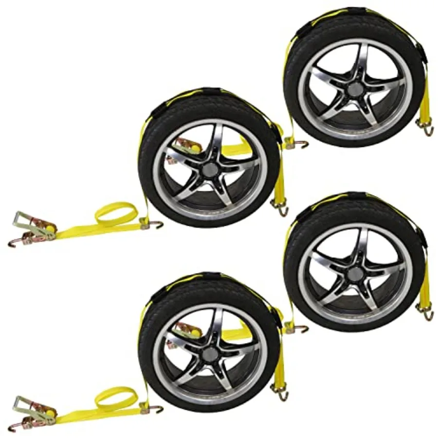 

Transport vehicle wheel strap with swivel hooks and fixed rubber blocks 2-inch wide over-the-tire design black nylon 2200 lb wo