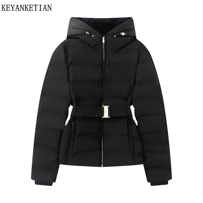 

KEYANKETIAN Winter New Women's Hooded Drawstring With Waist Belt Slim fit And Sewn Cotton Jacket Women Jacket With Cotton Coat