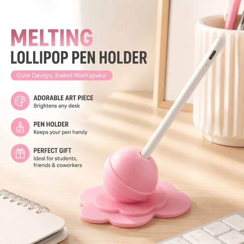 Plastic Melting Lollipop Sculpture Pencil Holder Desk Ornament, 9.7cm Cute Art Craft Home Decor for Office Student Gift