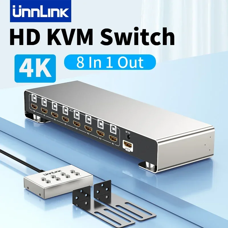 Unnlink 4K HDMI KVM Switch 8 In 1 Out Video Switcher 8 Port 8 Host Share 1 Monitor 4 USB Mouse Keyboard Pinter z przedłużaczem