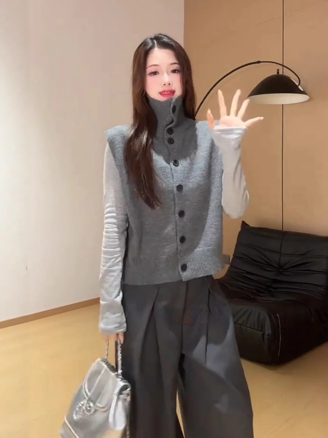 ay High Collar Knitted Sweater Vest Women's Faion Top Autumn Winter Two-Way Wear Svel Vest Commute Sle