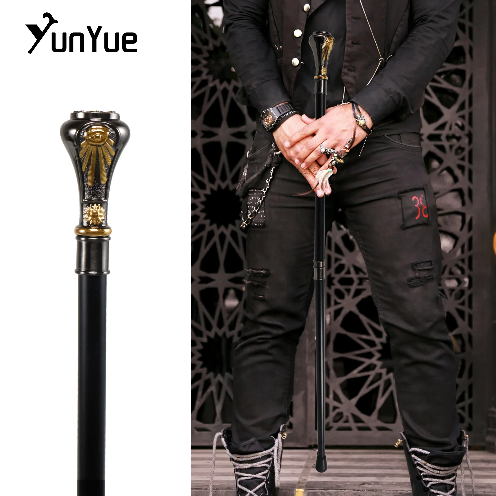 Bastón de Metal con tótem de Dios sol de oro negro, arte decorativo, regalo, bastón para caminar, muleta elegante para caballero, accesorio de película de Cosplay, cetro