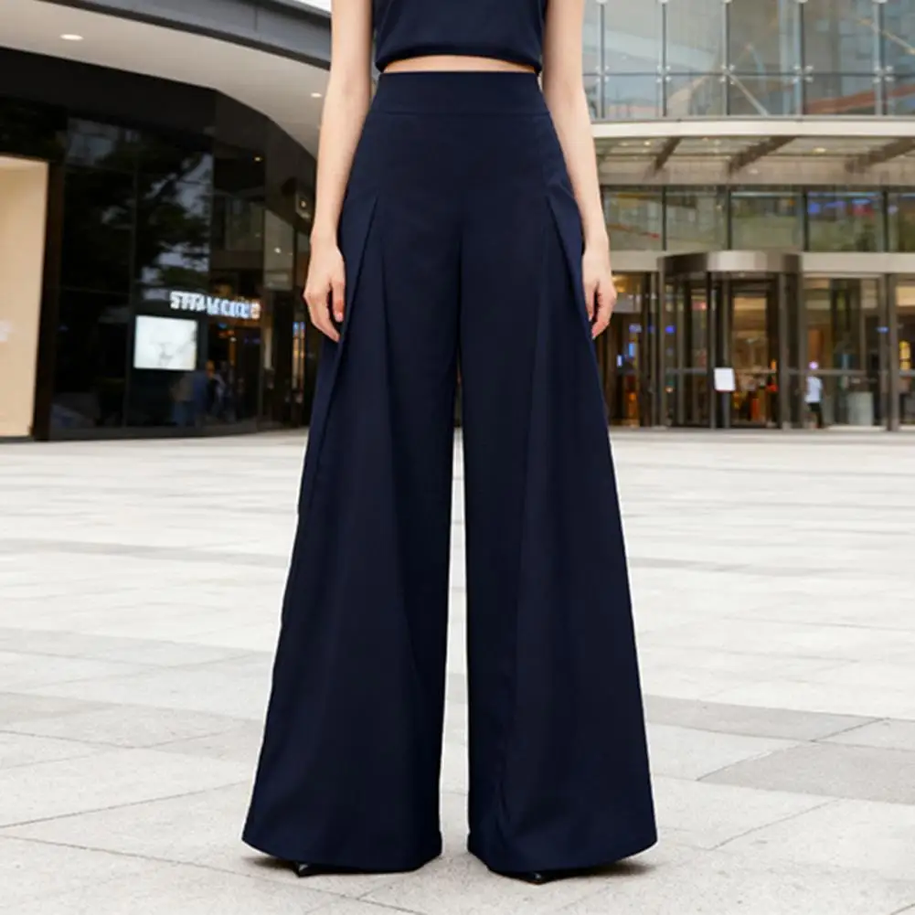 Elastic High Waist Wide Leg Casual Trousers, Women Pants Loose Fit Solid Color Commuting Office Lady Pants Workwear