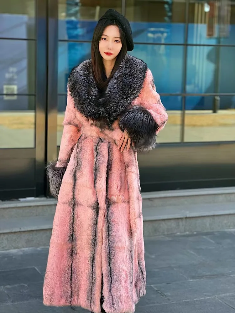 

New Winter Women Real Rabbit Fur Coat Length 110cm Soft Warm Thick Fur Jacket Natural Fox Fur Collar Lady's Fashion Streetwear