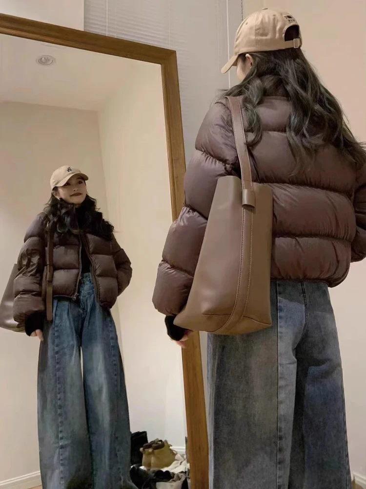 

Kendall Jenner Sle ort Puffer Jaet с высокой талией Thiened Bread Sle Зимнее пальто с воротником-стойкой для женщин в Корейском стиле свободного покроя