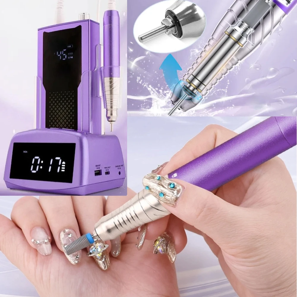 

45000RPM Brushless Rechargeable Nail Drill Portable 85W Cordless Electric Nail Drill Machine Manicure with Clock Charging Base