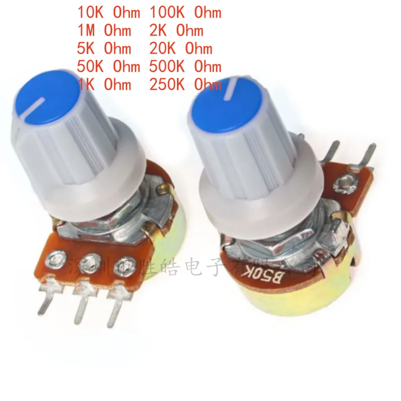 (5PCS) WH148 Linear Potentiometer 15mm 3pin 1K 2K 5K 10K 20K 50K 100K 250K 500K 1M with Blue AG1 Knob Cap Potentiometers Kit