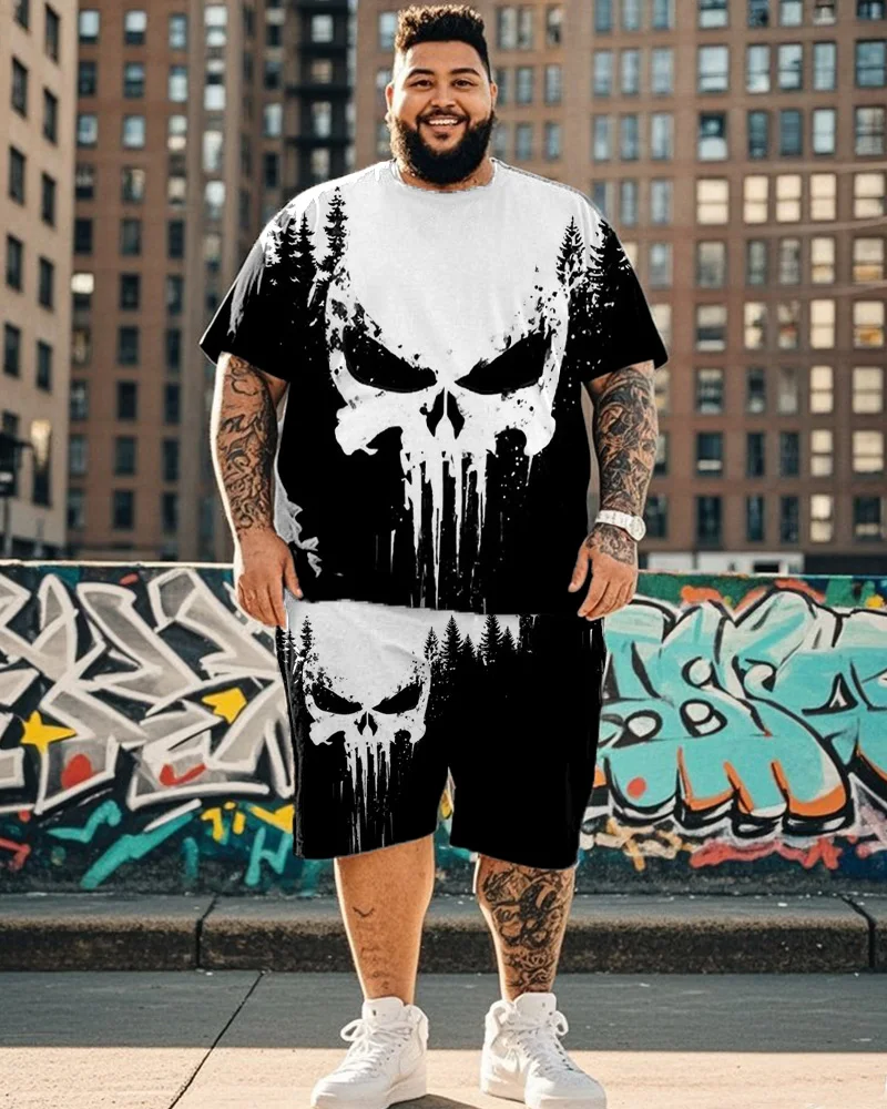 S-9XL Large Size Men's Suit - Skull Short-sleeved T-shirt and Shorts Two-piece Suit Pants