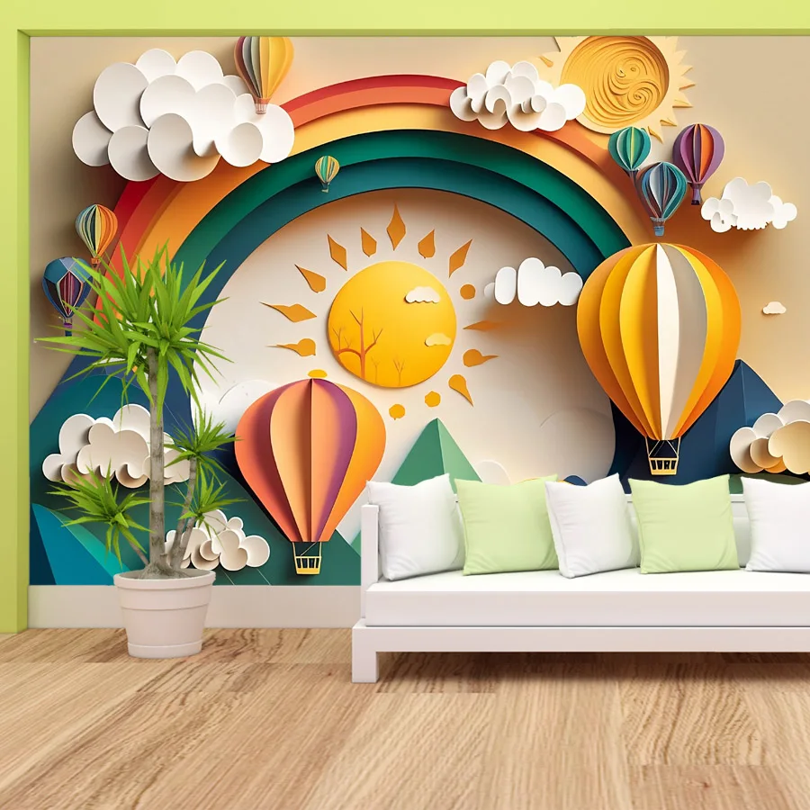 19+ Cartoon Painting Balloon Rainbow Kids Children Mural Decor Art, Self Adhesive Optional, Wallpaper for Living Room Renovation