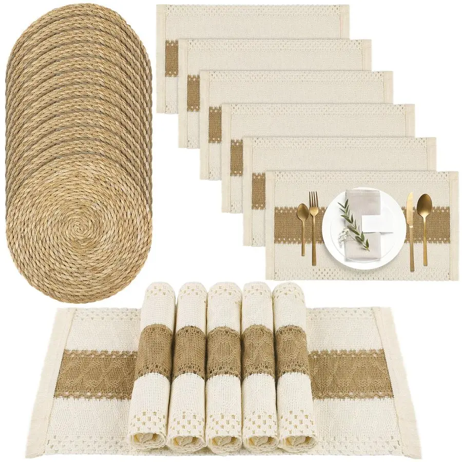 

12 Set Handmade Boho Placemats Natural Cotton Burlap Table Mats, 12 Rectangle with Tassel amp 12 Round Bulrush Placemats Farmhou
