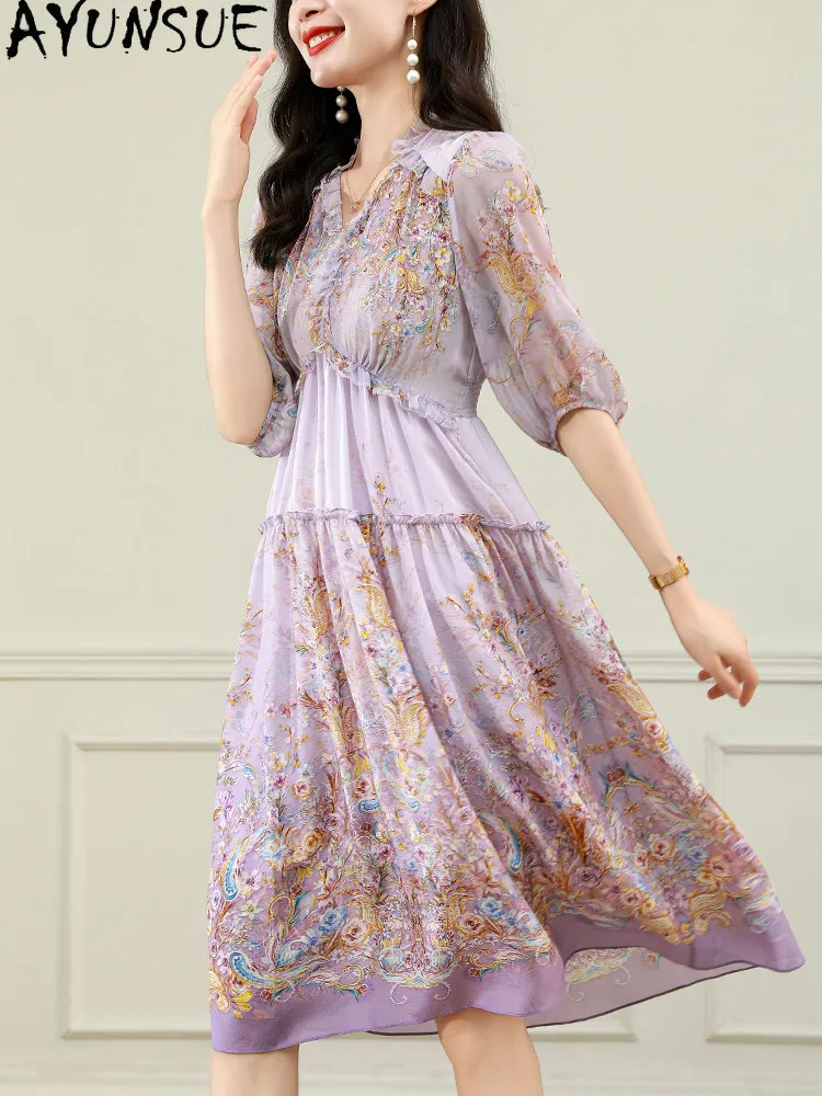 AYUNSUE 100% Natural Mulberry Silk Summer Dress Women Clothing Lantern Sleeve Elegant Womens Dresses Purple Floral Vestido Mujer