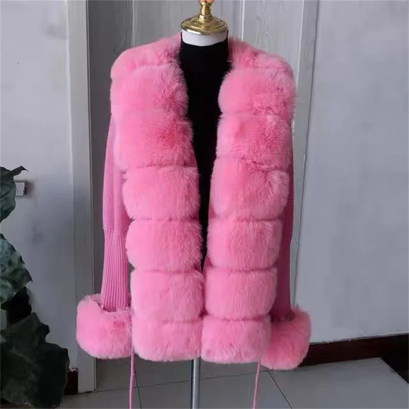 Fashion Fur Coat 2024 Spring NEW Women\'s Cardigan Women Faux Fox Fur Knit Sweater Ladies Elegant Knitted Sweater with Fur Collar