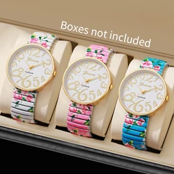 3PCS Fashion Flowers Printed Women Watch Luxury Elastic Strap Female Arabic Quartz Watches Reloj Mujer Girls Clock(Without Box)