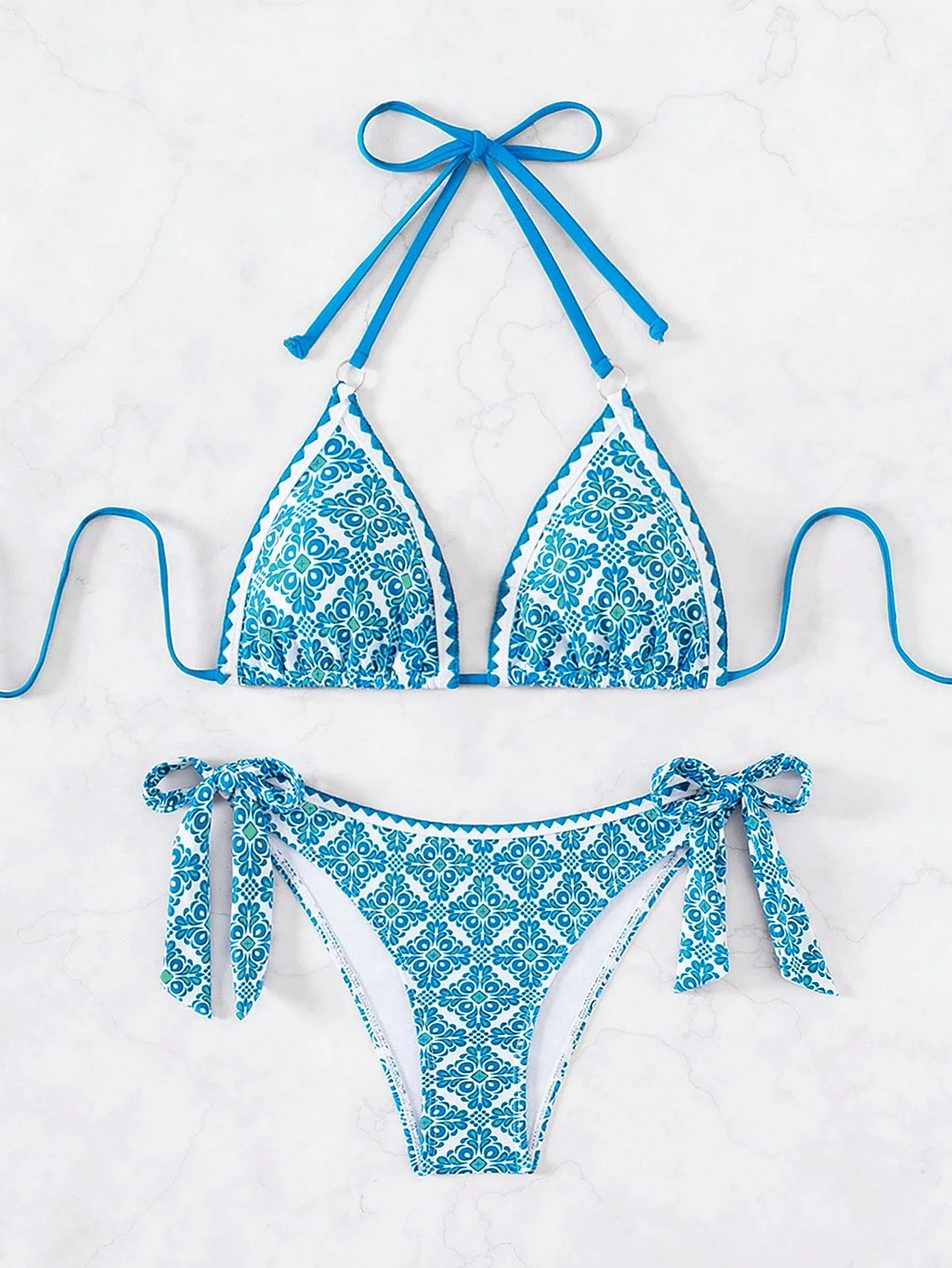 

Printed Triangle Bikini Set With Bow Tie Straps For Beach Vacation