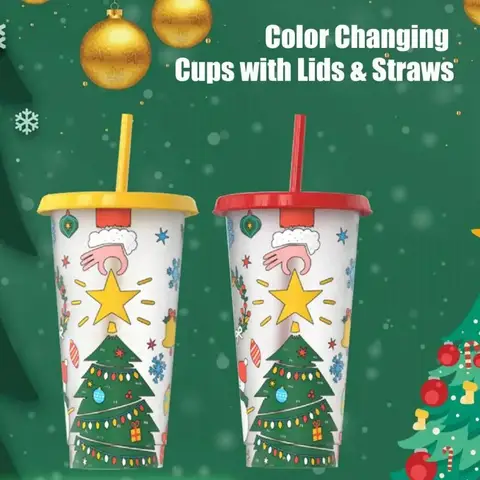 24 Oz Coffee Straw Cup Reusable Christmas Color Changing Cup with Lid Plastic Cold Bucket Party Drink Cup