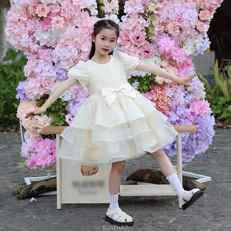 

Girls Luxury Birthday Princess Dress Sequins Cake Tutu Gown Pageant Piano Recital Party Children Kids Costume Performance Outfit