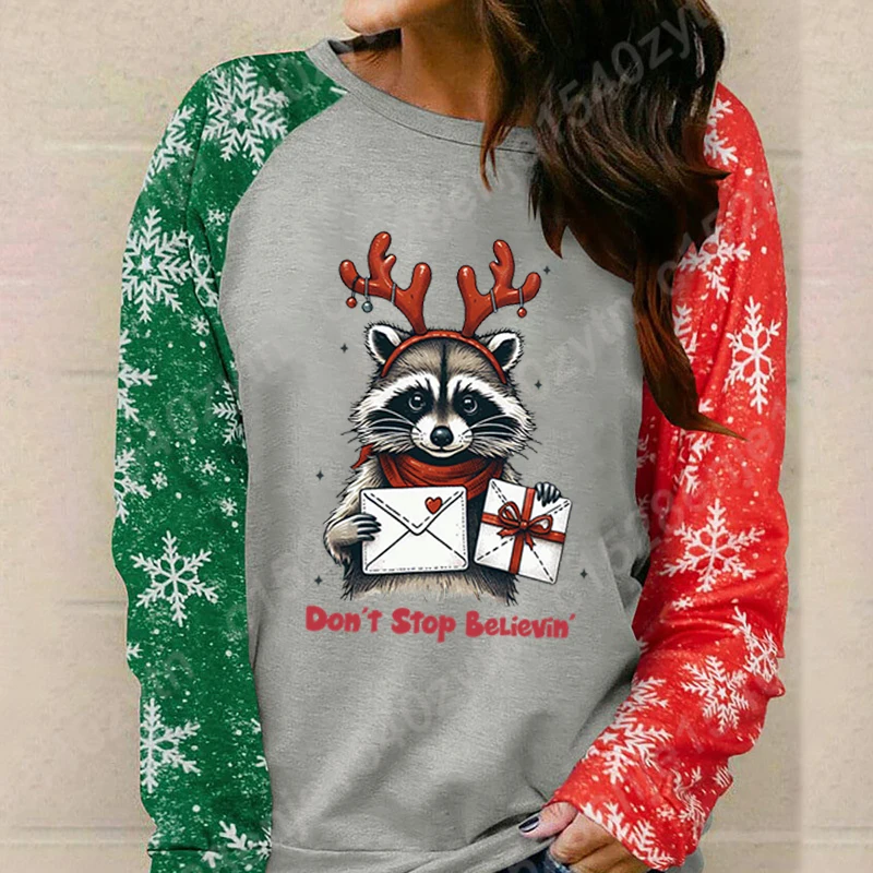 Fashion Clothes Women Long Sleeve Pullover Christmas Racoon Don't Stop Believin' Sweatshirts Ladies T Shirt O-neck Loose T-shirt