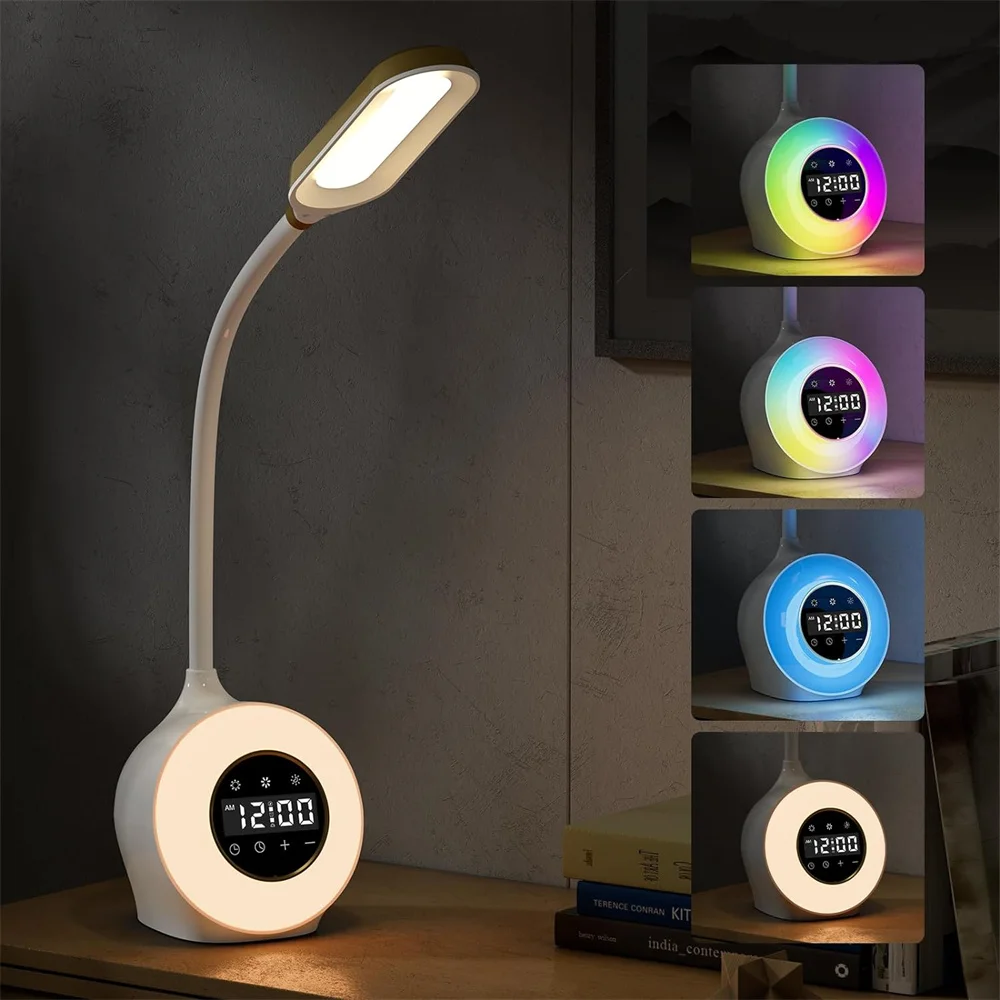 New Desk Lamp With Alarm Clock, Sunrise Wake-up, Colorful Atmosphere Light Clock, Touch Learning Eye Protection LED Night Light