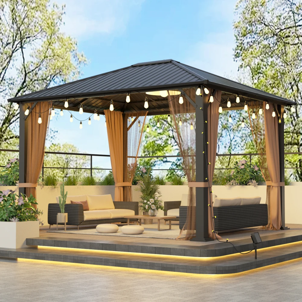 

10'x12' Hardtop Gazebo，Permanent Metal Roof Gazebo with Galvanized Steel Frame & Single Roof,Top Gazebo with Nettings,Patio