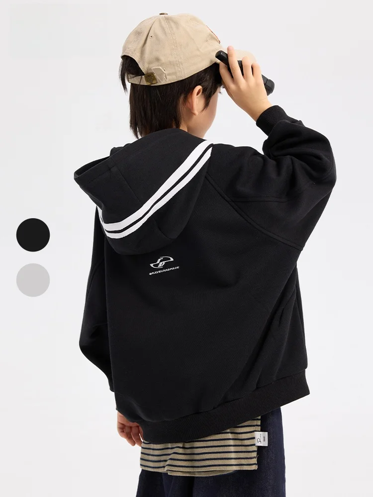 

Boys' Spring Autumn Hooded Jacket Color Block Weave Belt Large Children's Fashionable Outerwear Korean Style Cotton Polyester...