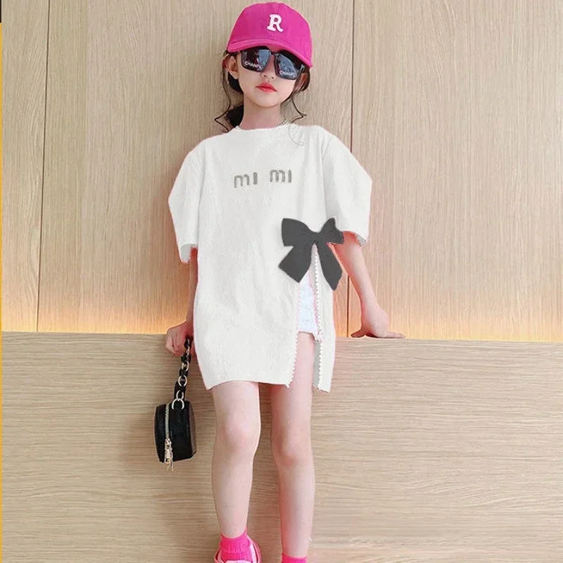 New Girls T-shirt Cotton Short Sleeve Tees Summer Kids Bow Top Sweet Slit Children Beaded T-shirts for Teenage Girls