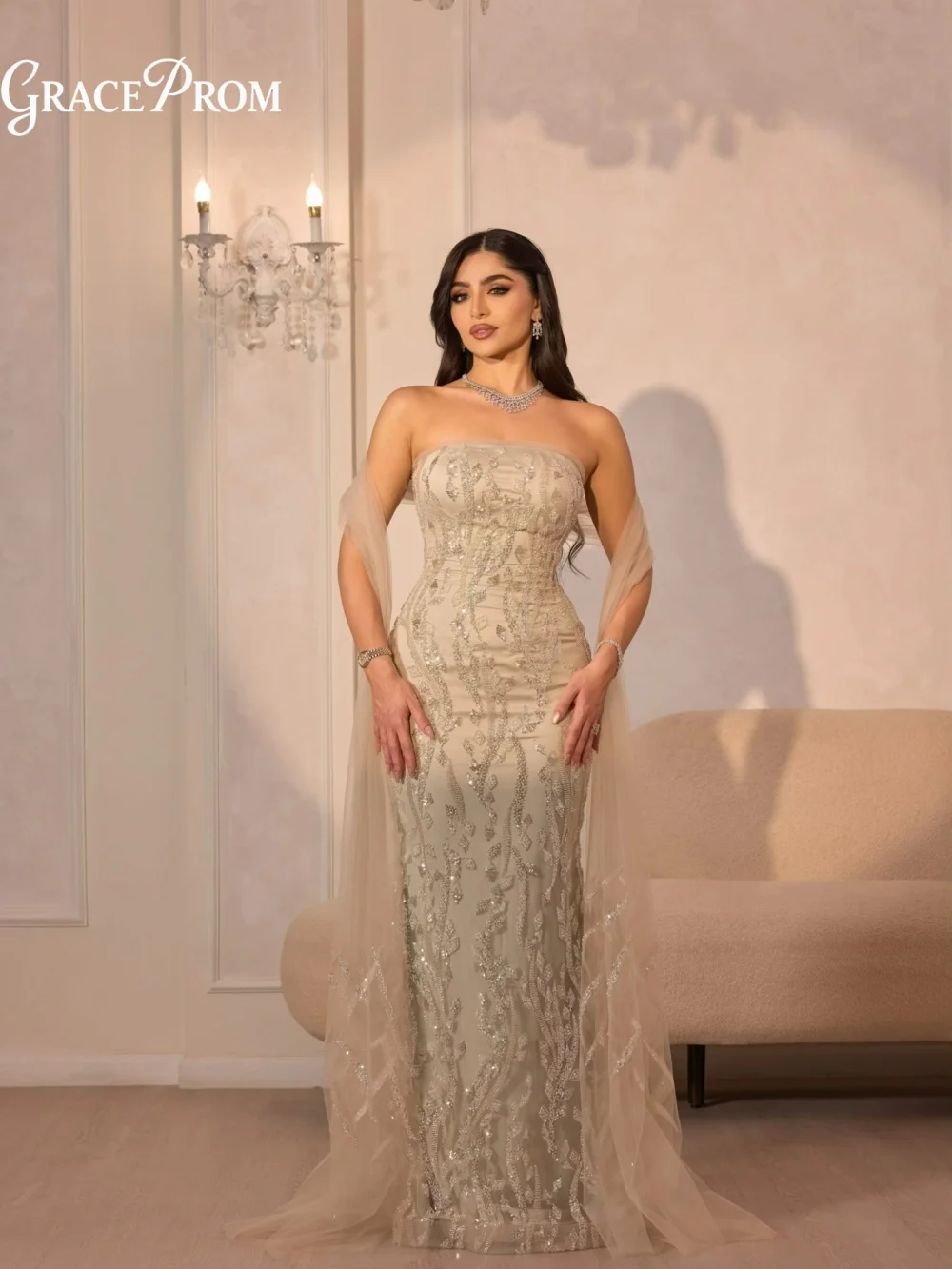 

Luxurious Champagne Strapless Beaded Mermaid Evening Gown With Tulle Cape Sleeves For Wedding Guests Party Dress فساتين سهرة