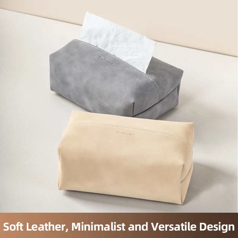 

MIXSAS Artificial Leather Tissue Box-Light Square Design Solid Color Tissue Storage Box, PU Faux Lambskin Pumping Car Paper Box