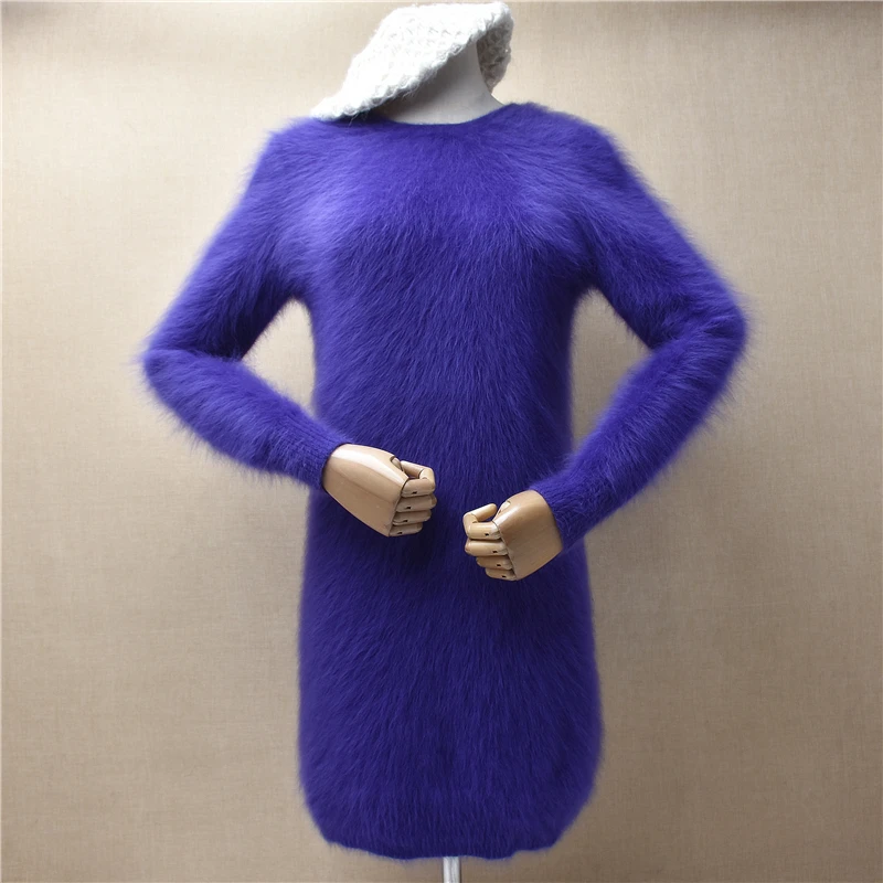 

Female Women Fall Winter Clothing Hairy Soft Mink Cashmere Knitted O-Neck Long Sleeves Slim Blouse Pullover Angora Sweater Dress