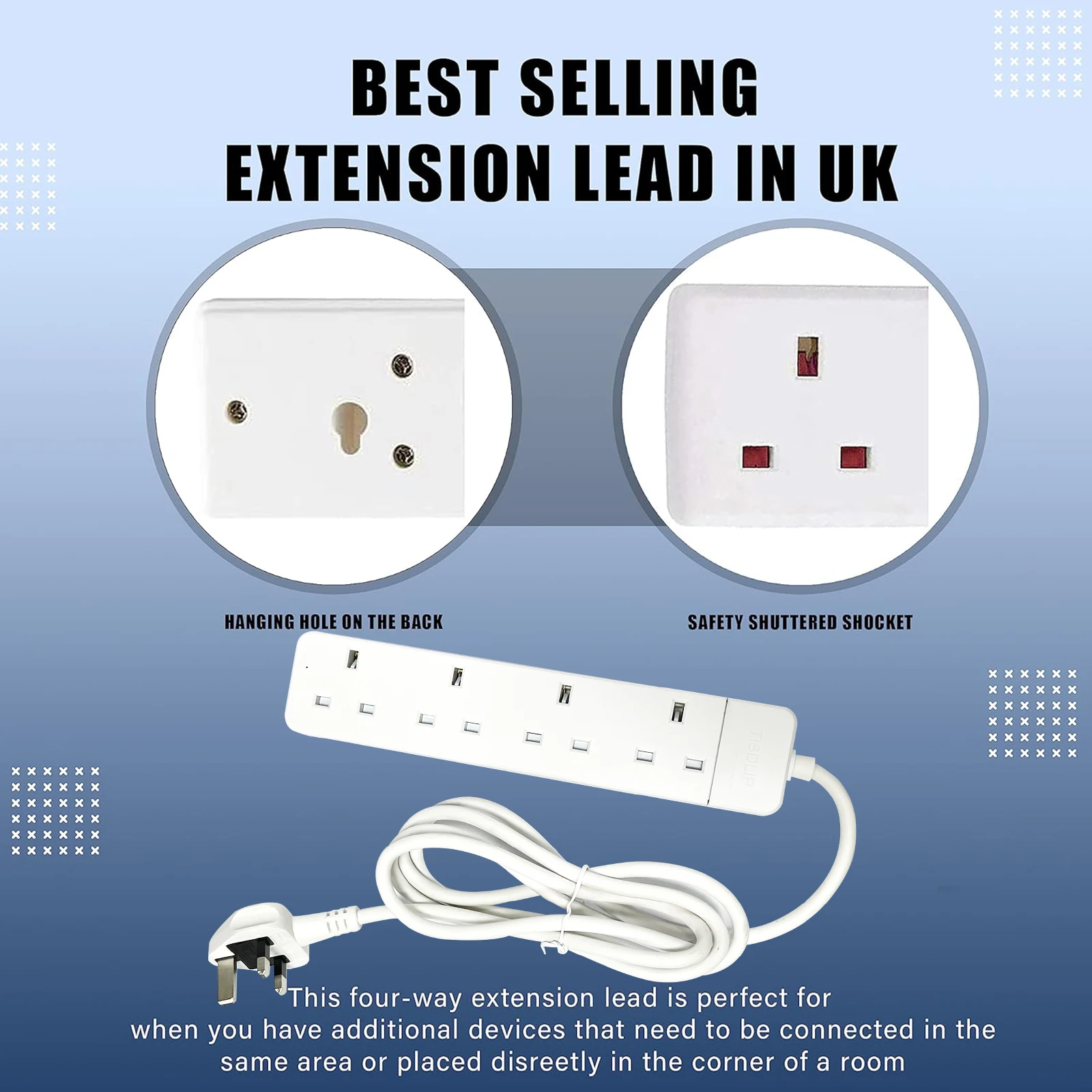 1.8M/5.9FT Cord UK Power Strip (2/4 Outlet) – 3250W/13A Multi-Socket Extension Lead with Flat Plug for Home/Office