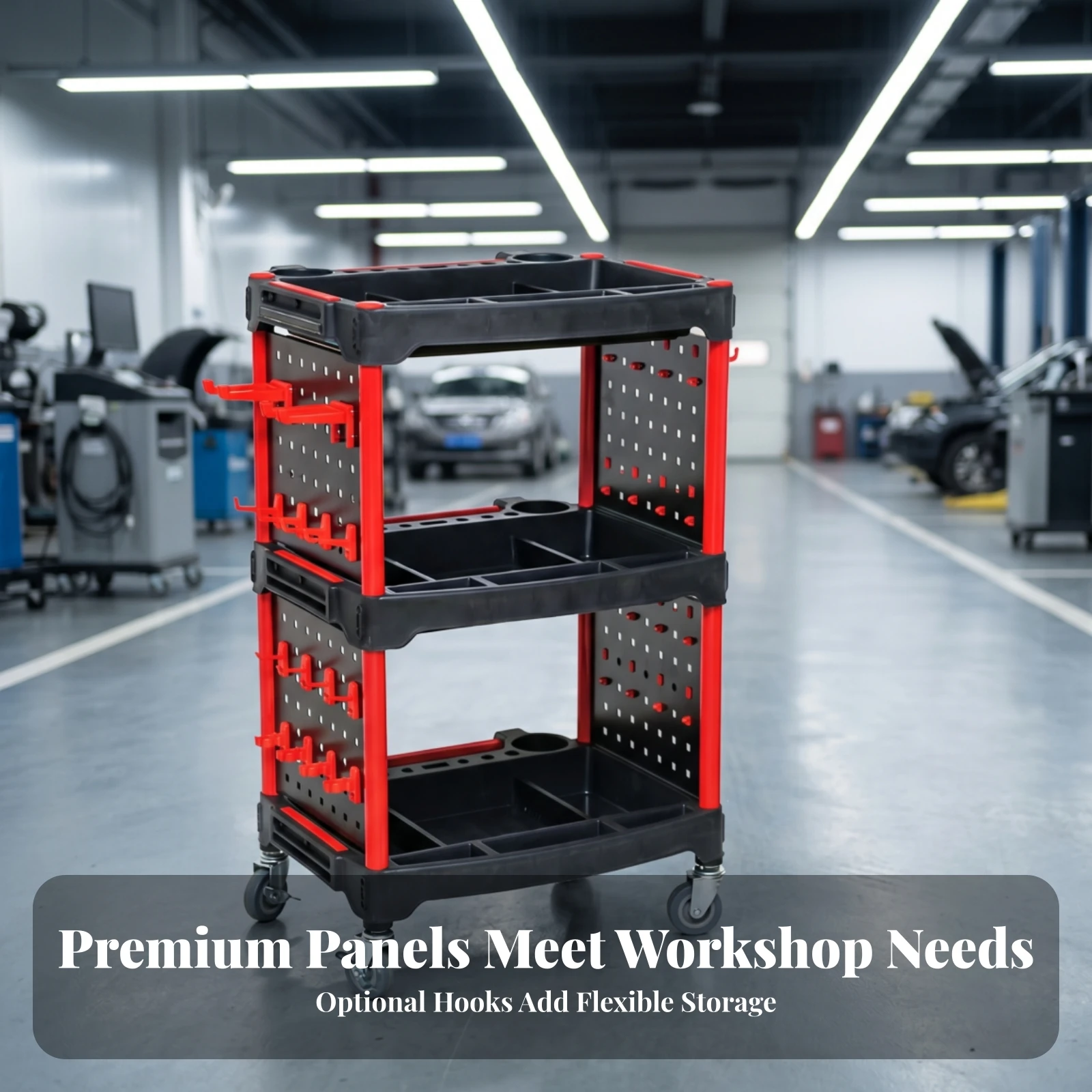 Three-Tier Tool Cart Perforated Rolling Tool Cart Open Trays Freestanding
