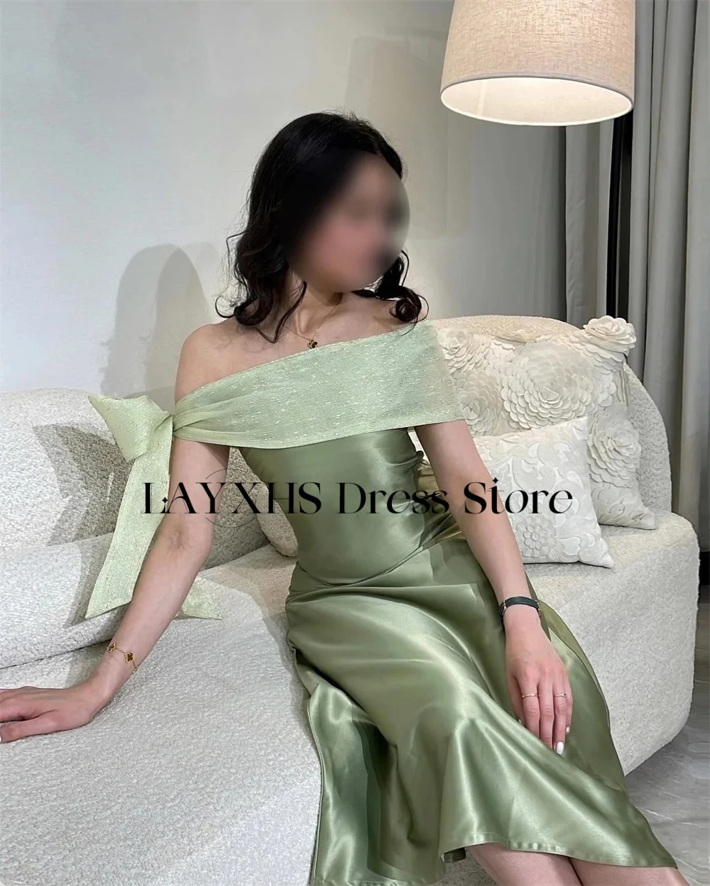 LAYXHS Exquisite schulterfreie Abendkleider, A-Linie, glänzende Schleife, knielang, für Damen, Party-Abschlussball-Kleider, individuell gestaltet