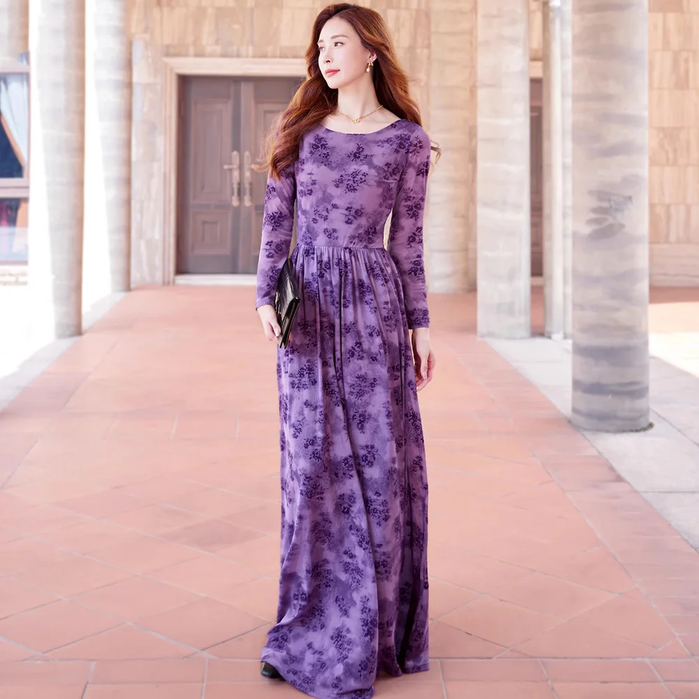 

New Women Purple Print Dress Spring Summer Fashion O-Neck Long Sleeve Slim Dress Casual Empire Waist Ankle-Length Dress