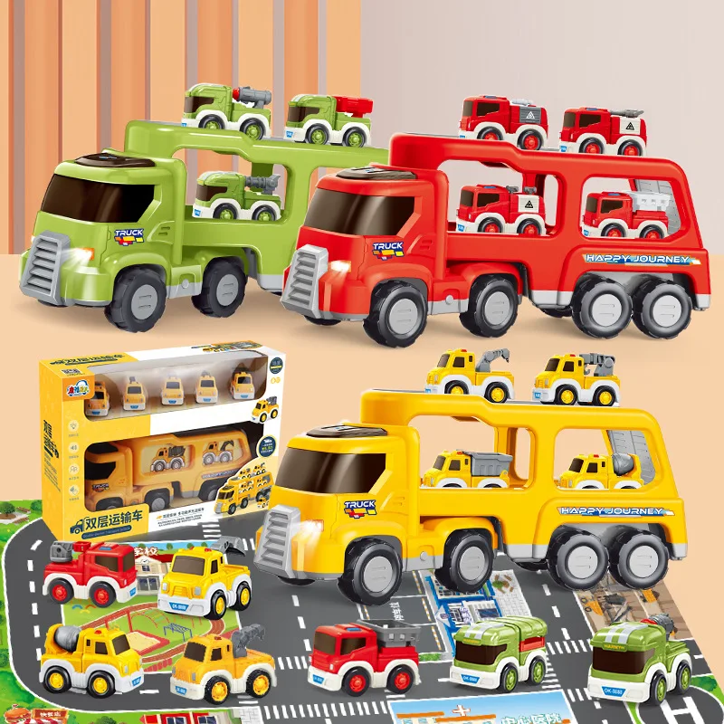 

Double-deck storage deformation transport bus truck music light engineering car 1-3 years old boy toy suit