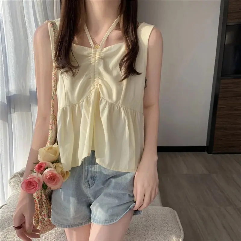 ملابس كاميس كورية عصرية برباط كاميس ملابس نسائية بلون واحد قطع علوية صيفية مكشكشة مقسمة بدون أكمام جديدة #2