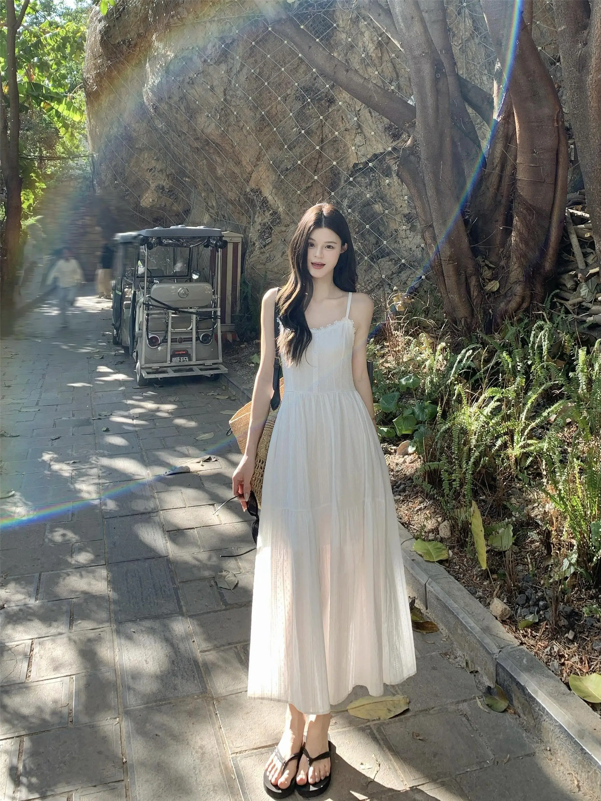 

Элегантное белое длинное платье А-силуэта в корейском стиле для пляжного отдыха, весна 2026, с завязками на талии