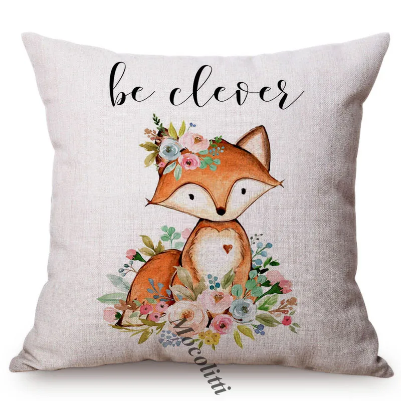 Nordic Water Color Art Cute Animal Pattern Sofa Decoration Throw Pillow Case Fox Owl Sika Deer Letter Cotton Linen Cushion Cover