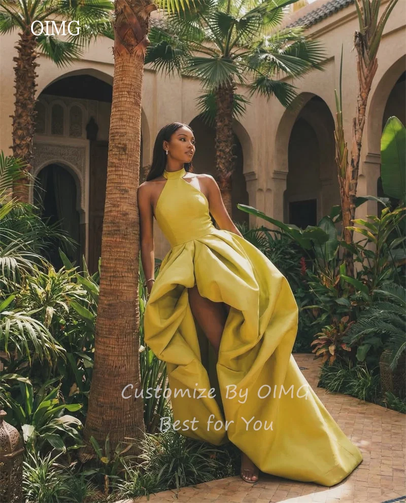 OIMG Modern Yellow Halter High-Low Formal Prom Gowns Backless Ruffled Evening Dress Asymmetrical Party Dresses Customized