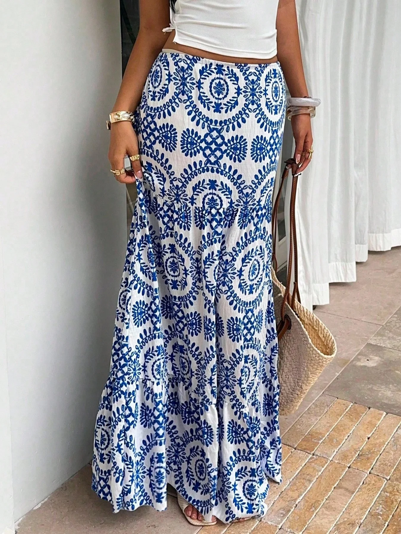 Fashionable New Women's Boho Print Resort Beach Long Midi Skirt