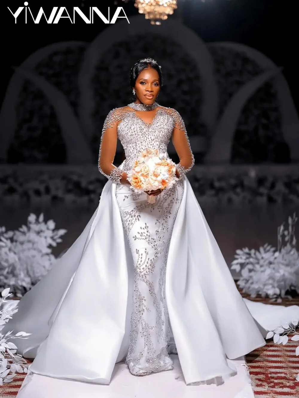 

Exquisite Beaded Crystal Wedding Dress With Detachable Train Elegant Satin Bridal Gown Customized Attractive Dresses For Bride