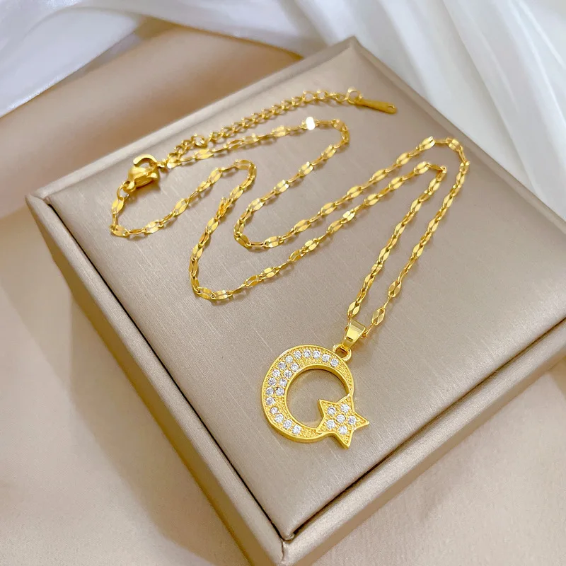 Stainless Steel Fashion Gold Color Moon Star Pendant Necklace Crescent Clavicle Chain Choker Necklace For Women Jewelry 2023 New