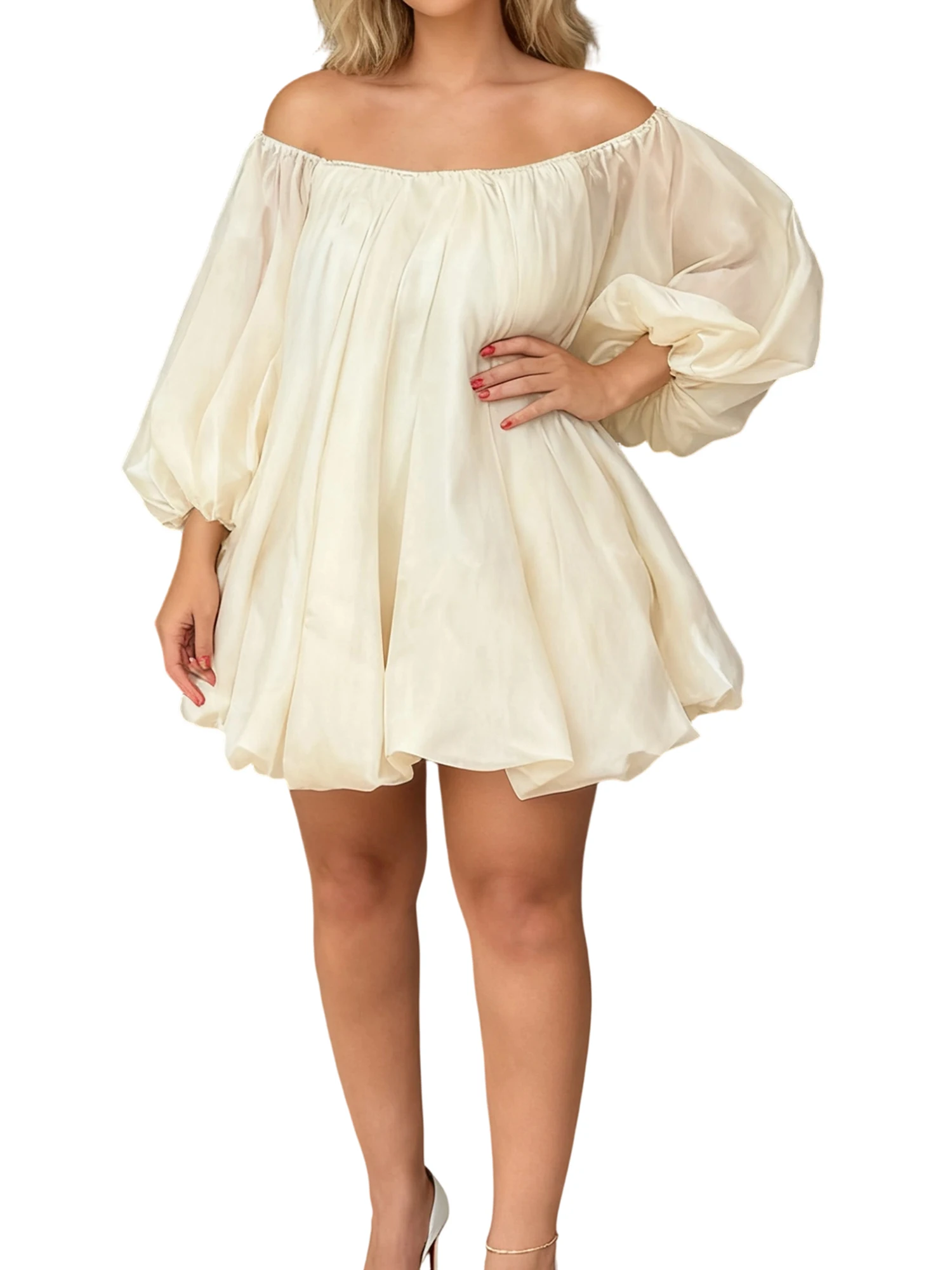 

Women Off-shoulder Dress Elegant Long Sleeve Solid Pleated Dress Loose Mini Dress