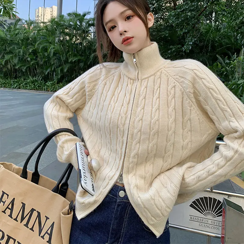 

Winter Korean High Collar Twist Double Zipper Lapel Sweater Women's Personalized Retro Y2K Soft Waxy Stand Collar Sweater Jacket