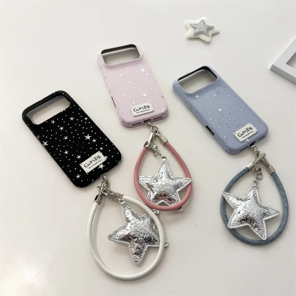 

Stylish Leather Silver Star Phone Case for iPhone 17 Pro Max 14 15 Pro 16 Pro Cover with 3D Star Charm Cute Protection Cases Fun
