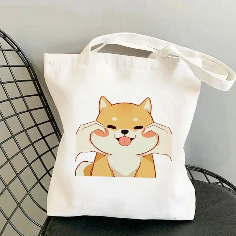Cute Shiba Inu Canvas Tote Bag Cartoon Dog Print Shoulder Handbag Reusable Shopping Bag Women Daily Storage Bag Gift