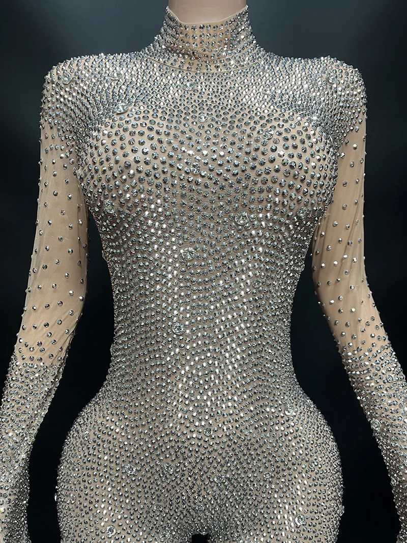 2023 Op Maat Gemaakte Nieuwe Lange Mouw Strass Hoge Elastische Pailletten Sexy Strakke Jumpsuit Verjaardagsfeestje Lange Jurk Prestatie Jurk