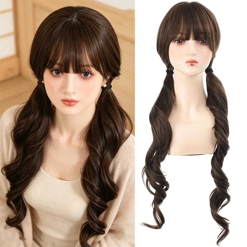 Synthetic 30 Inch Gray Brown Twin Tails With Bangs Wig Halloween Cosplay Heat Resistant Fiber Hair Accessories For Women