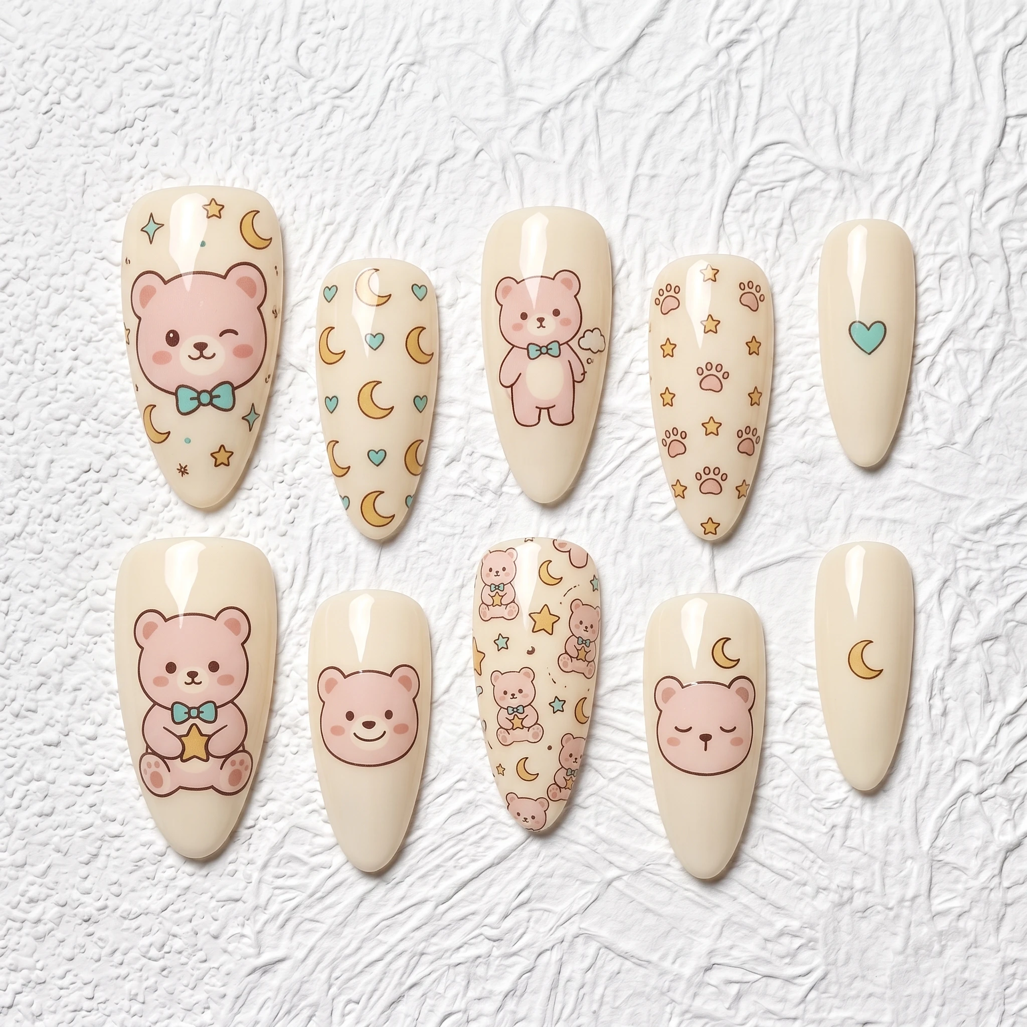 Artisan Handcrafted 10PCS Cute Coquette Almond Press-On Nails | Cream Base, Bear & Moon Stars, Bow Details, Glitter Accents, Par